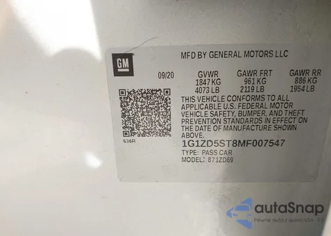 2021 Chevrolet Malibu Fwd Lt из США, поврежденный, VIN 1G1ZD5ST8MF007547